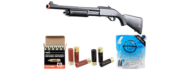 Golden Eagle M8870 3/6-Shot Pump Action CO2 Airsoft Shotgun w/ Ghost Ring Iron Sights - Shell/CO2 Combo - (Black)