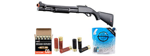 Golden Eagle M870 3/6-Shot Pump Action CO2 Airsoft Shotgun w/ Mock Shell Tube & Ghost Ring Iron Sights - Shell/CO2 Combo - (Black)