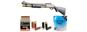 Golden Eagle M870 3/6-Shot Pump Action CO2 Airsoft Shotgun w/ Mock Shell Tube & Ghost Ring Iron Sights - Shell/CO2 Combo - (Tan)