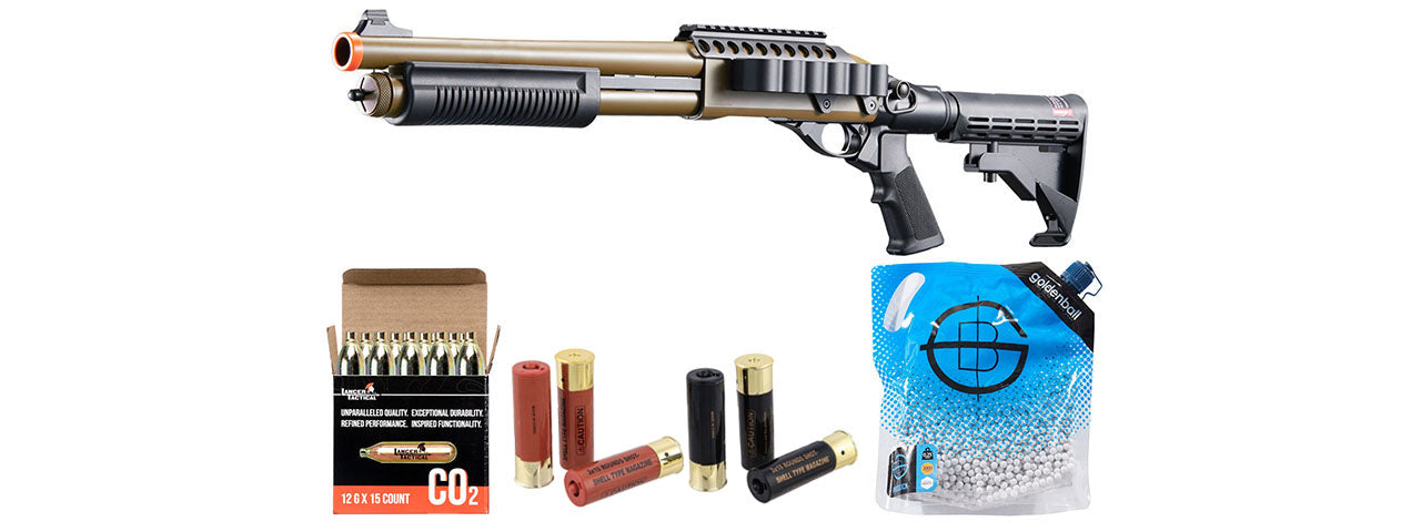 Golden Eagle M8873 3/6-Shot Pump Action CO2 Airsoft Shotgun w/ Optic Rail & M4 Crane Stock - Shell/CO2 Combo - (Tan)