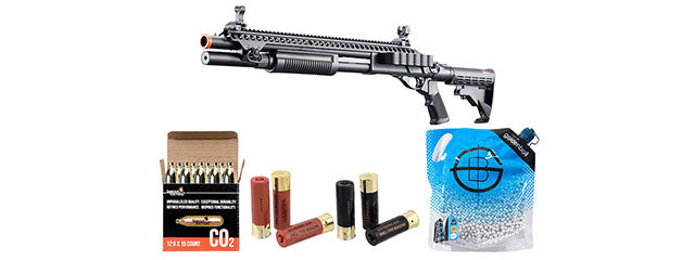 Golden Eagle M8874 3/6-Shot Pump Action CO2 Airsoft Shotgun w/ Flip Up Sights, Picatinny Rail & M4 Crane Stock - Shell/CO2 Combo - (Black)