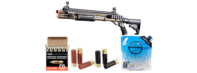 Golden Eagle M8874 3/6-Shot Pump Action CO2 Airsoft Shotgun w/ Flip Up Sights, Picatinny Rail & M4 Crane Stock - Shell/CO2 Combo - (Tan)