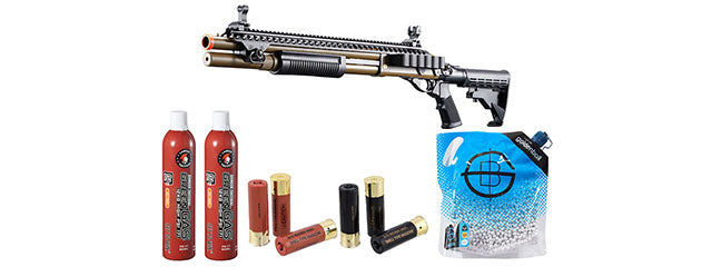 Golden Eagle M8874 3/6-Shot Pump Action Gas Airsoft Shotgun w/ Flip Up Sights, Picatinny Rail & M4 Crane Stock - Shell/Green Gas Combo - (Tan)