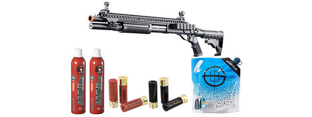 Golden Eagle M8874 3/6-Shot Pump Action Gas Airsoft Shotgun w/ Flip Up Sights, Picatinny Rail & M4 Crane Stock - Shell/Green Gas Combo - (Black)