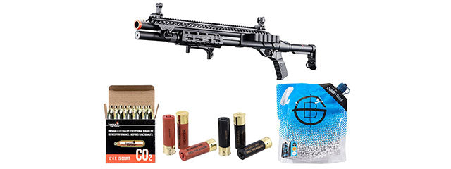 Golden Eagle M8875 3/6-Shot Pump Action CO2 Airsoft Shotgun w/ Flip Up Sights, M-LOK, Picatinny Rail & M4 Buffer Stock - Shell/CO2 Combo - (Black)