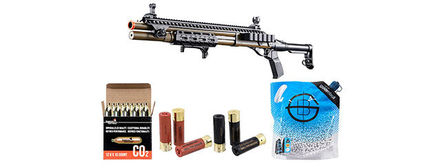 Golden Eagle M8875 3/6-Shot Pump Action CO2 Airsoft Shotgun w/ Flip Up Sights, M-LOK, Picatinny Rail & M4 Buffer Stock - Shell/CO2 Combo - (Tan)
