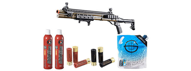 Golden Eagle M8875 3/6-Shot Pump Action Gas Airsoft Shotgun w/ Flip Up Sights, M-LOK, Picatinny Rail & M4 Buffer Stock - Shell/Green Gas Combo - (Tan)