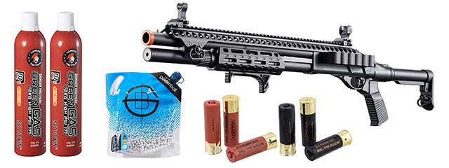 Golden Eagle M8875 3/6-shot Pump Action Gas Airsoft Shotgun W/ Flip Up Sights, M-lok, Picatinny Rail & M4 Buffer Stock - Green Gas/Shell Combo - (Black)