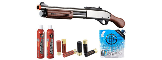 Golden Eagle M8877 3/6-Shot Pump Action Gas Airsoft Sawed-Off Shotgun Shell/Green Gas Combo - (Silver/Wood)