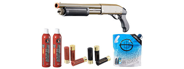 Golden Eagle M8881 3/6-Shot Pump Action Gas Airsoft Sawed-Off Shotgun Shell/Green Gas Combo - (Tan)