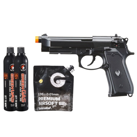 HFC Metal M9 Full-Automatic Gas Blowback Airsoft Pistol - Green Gas Combo - (Black)