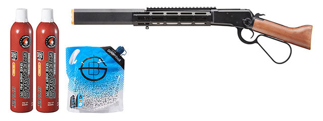 Atlas Custom Works M1873 Mares Leg Lever Action Airsoft Green Gas Rifle W/ M-LOK Rail And Suppressor - Green Gas Combo - (Black)