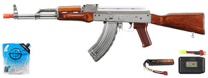 LCT AKM Stamped Steel Airsoft Aeg Rifle W/ Full Stock - Battery/Adapter/Charger Combo - (Silver & Wood)