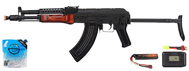 LCT MG MS AEG LCT Airsoft Stamped Steel Ak-74 W/ Fold Stock - Battery/Adapter/Charger Combo - (Black / Wood)