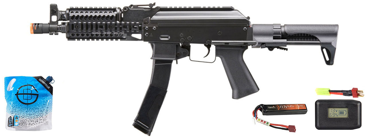 LCT 9mm PP-19 Pdw Ak Airsoft AEG Rifle W/ Picatinny Handguard - Battery/Adapter/Charger Combo - (Black)