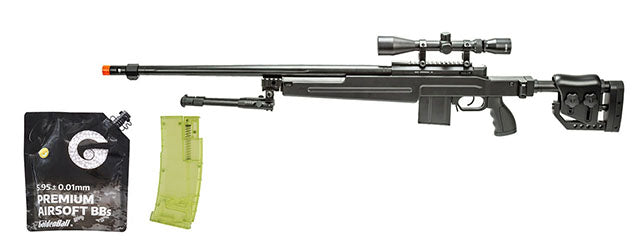 WellFire MB4415BAB Bolt Action Airsoft Sniper Rifle w/ Scope and Bipod (Black) - BB/Sniper Bundle