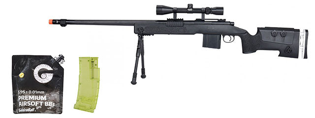 WellFire MB4417 M40A3 Bolt Action Airsoft Sniper Rifle w/ Scope & Bipod - (Black) - BB/Sniper Bundle