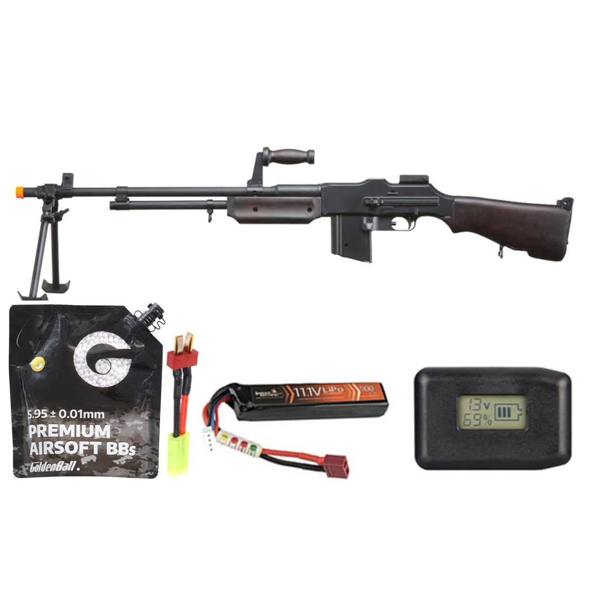 S&t Bar M1918 A2 Full Size Full Metal Airsoft Aeg Rifle W/ Steel Bipod - Battery/Adapter/Charger Combo - (Wood)