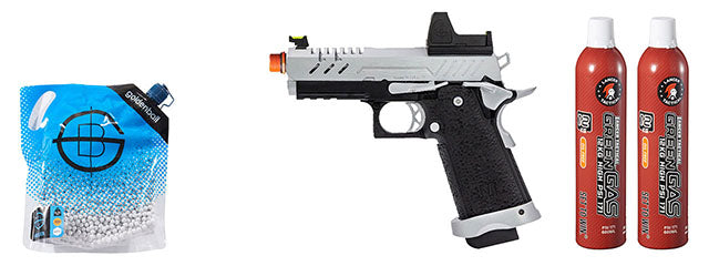 Vorsk Hi-Capa 3.8 Pro GBB Pistol w/ Red Dot Sight - (Chrome/Black) Green Gas Combo