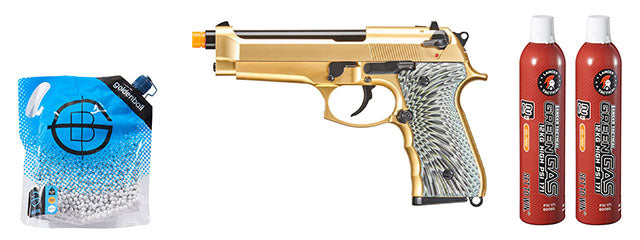 WE-Tech New System M92 Eagle Full Auto Airsoft Gas Blowback Pistol - (Gold) Green Gas Combo