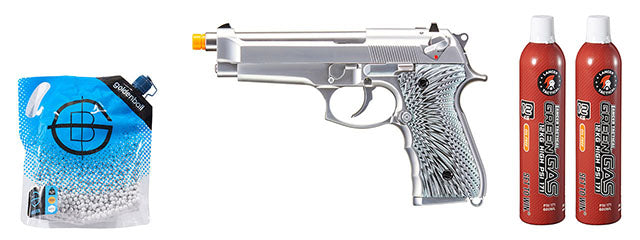 WE-Tech New System M92 Eagle Full Auto Airsoft Gas Blowback Pistol - (Silver) Green Gas Combo