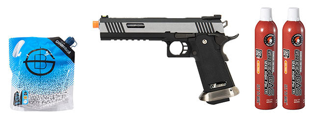 WE Tech 1911 Hi-Capa T-Rex Competition Gas Blowback Airsoft Pistol w/ Sight Mount & Top Ports - (2-Tone/Silver) Green Gas Combo