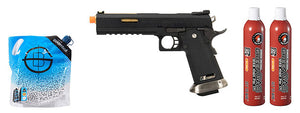 WE Tech 1911 Hi-Capa T-Rex Competition Gas Blowback Airsoft Pistol w/ Sight Mount & Top Ports - (Black/Gold) Green Gas Combo