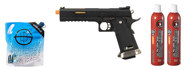 WE Tech 1911 Hi-Capa T-Rex Competition Gas Blowback Airsoft Pistol w/ Sight Mount & Top Ports - (Black/Gold) Green Gas Combo