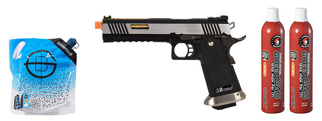 WE-Tech Hi-Capa 6 IREX Competition Full Auto Gas Blowback Airsoft Pistol - (Black/Silver/Gold Barrel) Green Gas Combo