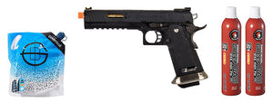 WE-Tech Hi-Capa 6 IREX Full Auto Competition Pistol - (Black/Gold Barrel/With Markings) Green Gas Combo