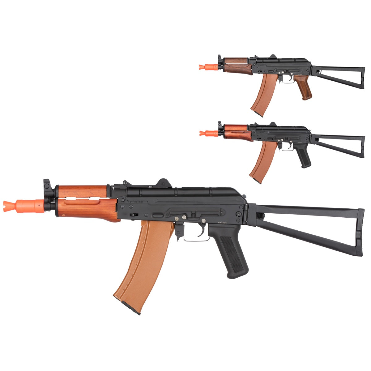 Double Bell AK74U AEG Airsoft Rifle w/ Folding Triangle Stock - BLACK / WOOD - Real Wood (TYPE A)