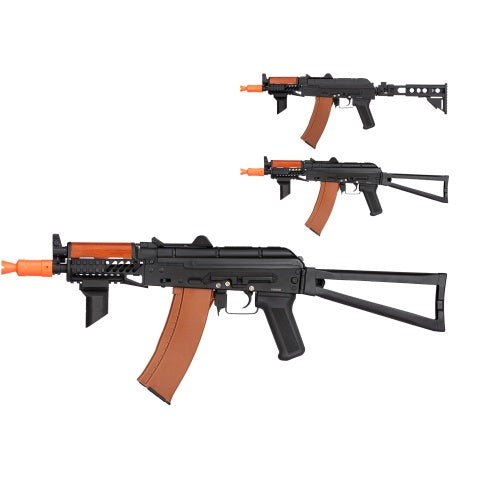 Double Bell AK74U Tactical AEG Airsoft Rifle - BLACK / WOOD - Triangle Stock (LiPo Ready)