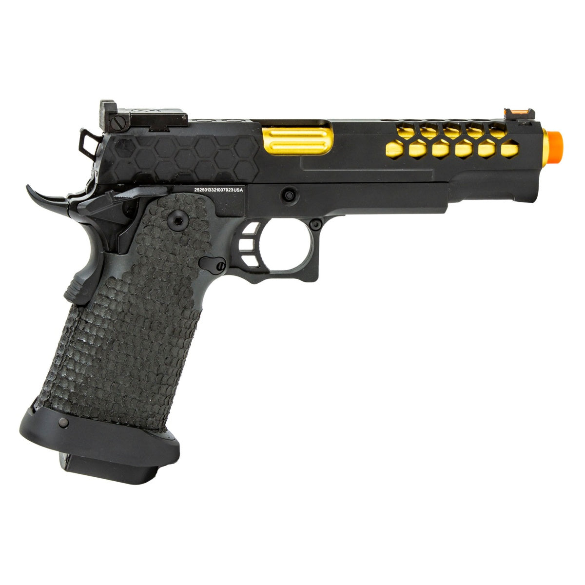 Golden Eagle 3339 OTS .45 Hi-Capa Gas Blowback Pistol w/ Hive Vented Slide & Standard Grip Stippling (Color: Black / Gold Barrel)