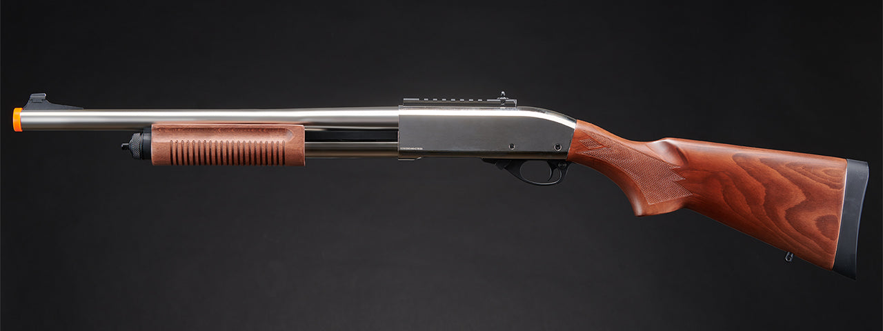 Golden Eagle M8870 3/6-Shot Pump Action Gas Airsoft Shotgun w/ Ghost Ring Iron Sights - (Silver/Wood)