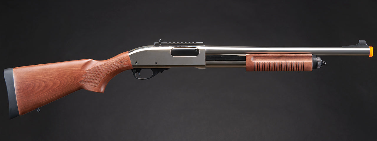 Golden Eagle M8870 3/6-Shot Pump Action Gas Airsoft Shotgun w/ Ghost Ring Iron Sights - (Silver/Wood)