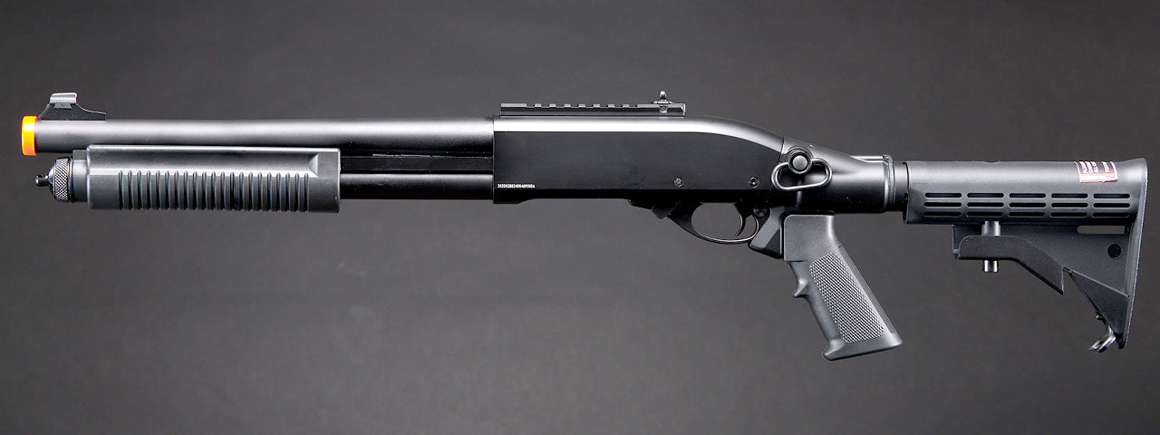 Golden Eagle M8871 3/6-Shot Pump Action CO2 Gas Airsoft Shotgun w/ Ghost Ring Iron Sights & M4 Crane Stock - (Black)