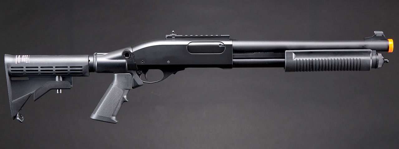 Golden Eagle M8871 3/6-Shot Pump Action CO2 Gas Airsoft Shotgun w/ Ghost Ring Iron Sights & M4 Crane Stock - (Black)