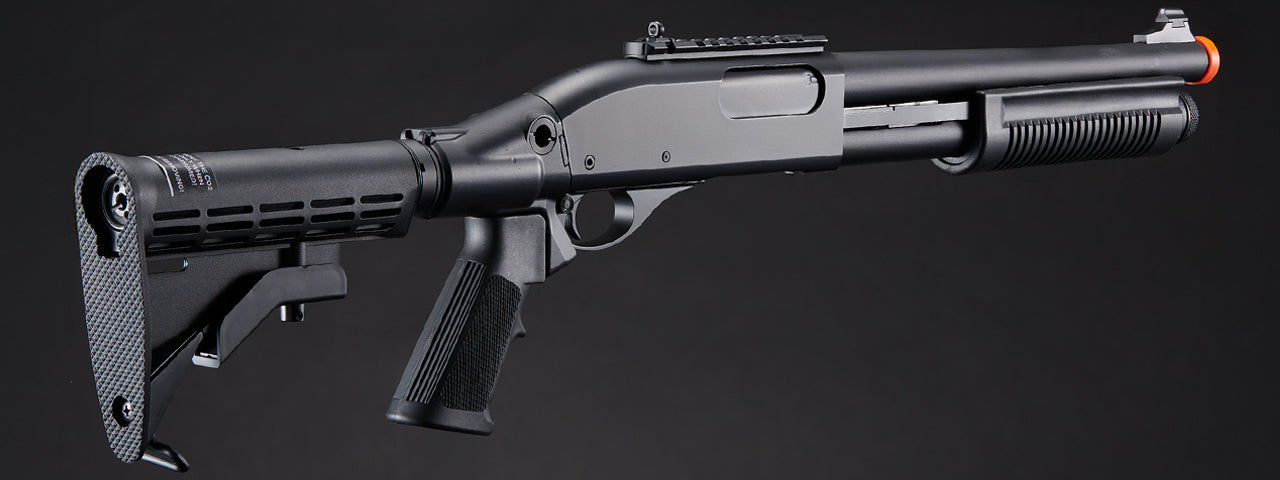 Golden Eagle M8871 3/6-Shot Pump Action CO2 Gas Airsoft Shotgun w/ Ghost Ring Iron Sights & M4 Crane Stock - (Black)