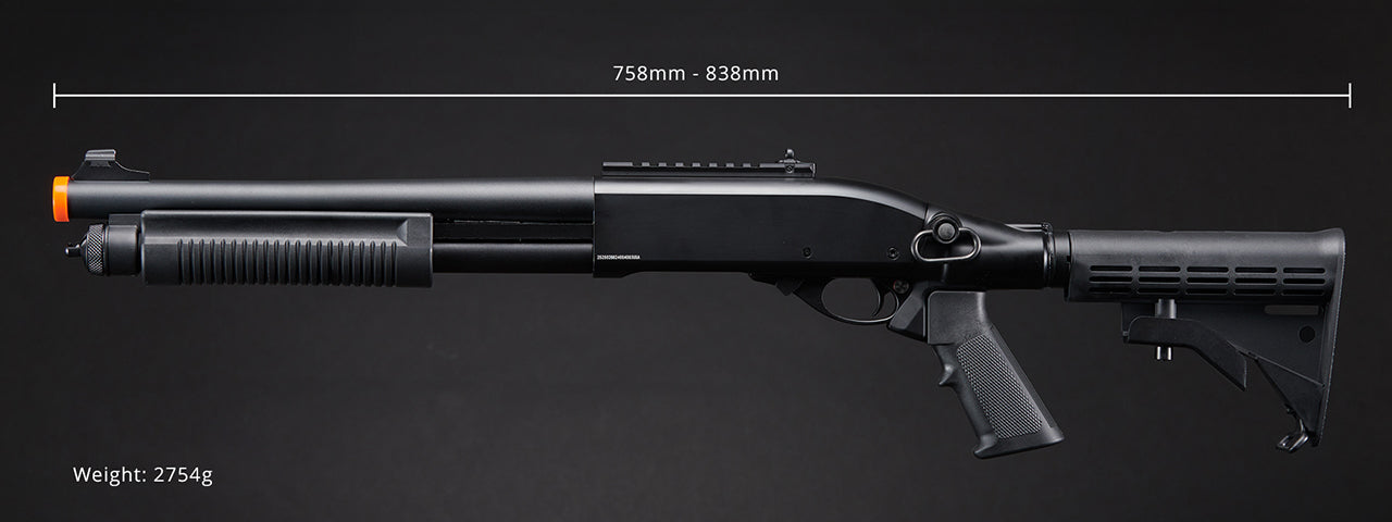 Golden Eagle M8871 3/6-Shot Pump Action CO2 Gas Airsoft Shotgun w/ Ghost Ring Iron Sights & M4 Crane Stock - (Black)