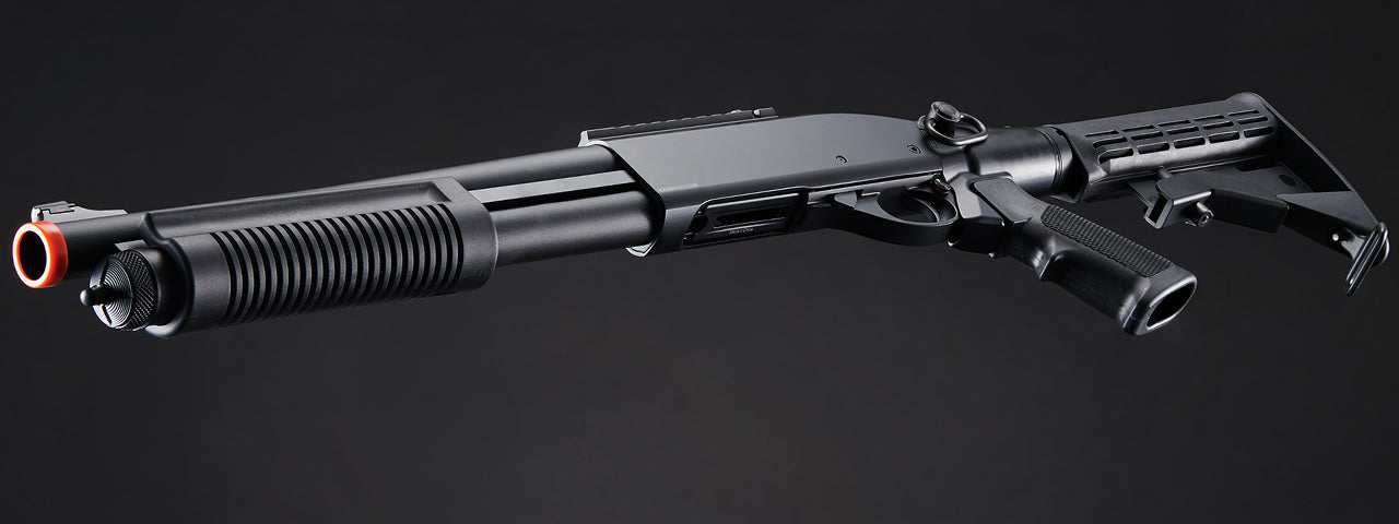 Golden Eagle M8871 3/6-Shot Pump Action CO2 Gas Airsoft Shotgun w/ Ghost Ring Iron Sights & M4 Crane Stock - (Black)