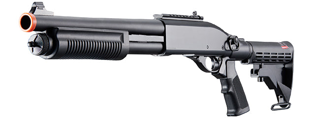 Golden Eagle M8871 3/6-Shot Pump Action CO2 Gas Airsoft Shotgun w/ Ghost Ring Iron Sights & M4 Crane Stock - (Black)