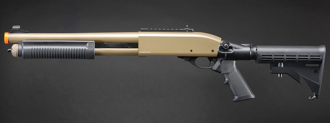 Golden Eagle M8871 3/6-Shot Pump Action CO2 Gas Airsoft Shotgun w/ Ghost Ring Iron Sights & M4 Crane Stock - (Tan)