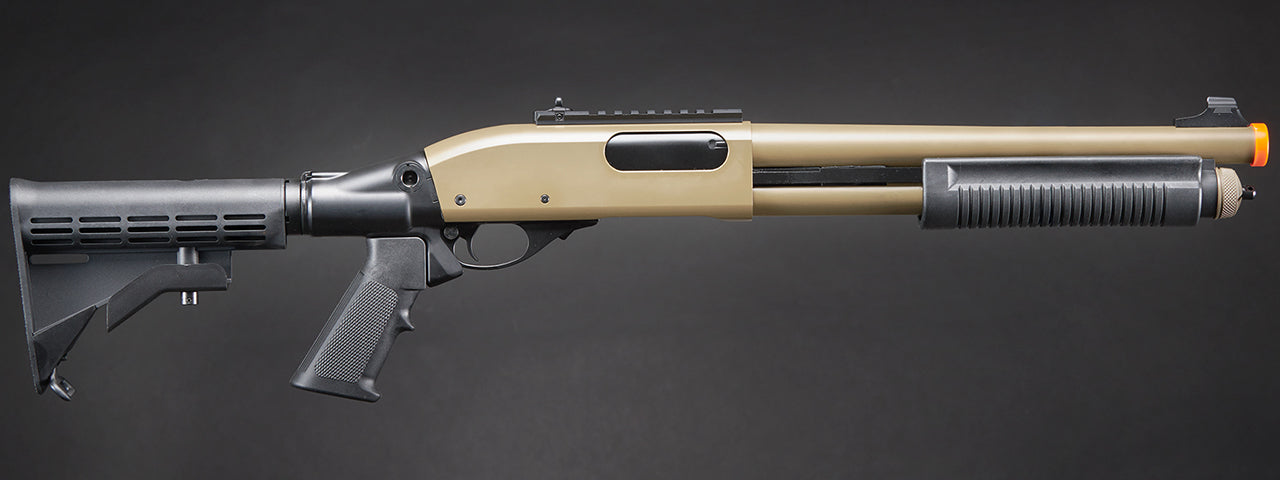 Golden Eagle M8871 3/6-Shot Pump Action CO2 Gas Airsoft Shotgun w/ Ghost Ring Iron Sights & M4 Crane Stock - (Tan)