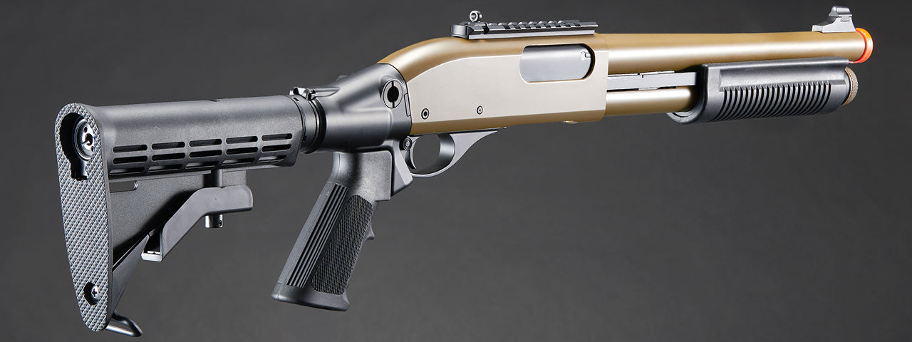 Golden Eagle M8871 3/6-Shot Pump Action CO2 Gas Airsoft Shotgun w/ Ghost Ring Iron Sights & M4 Crane Stock - (Tan)