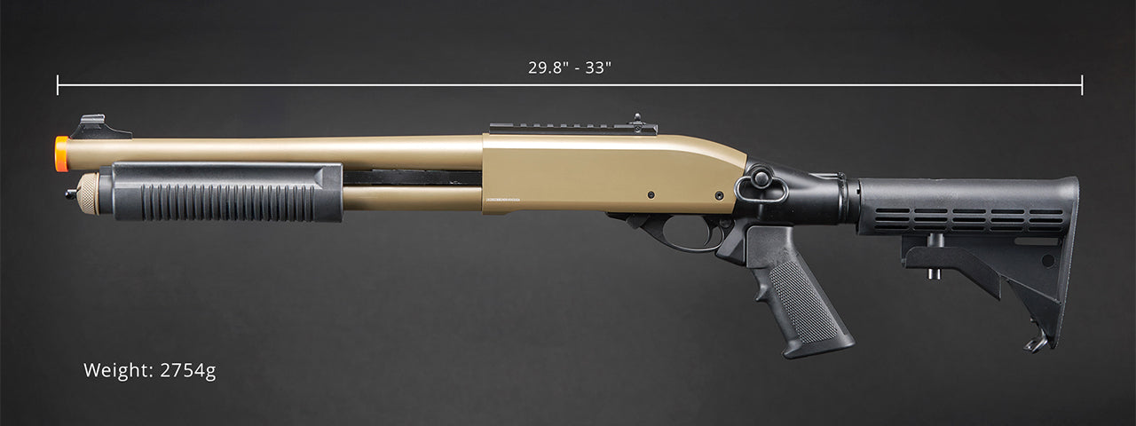Golden Eagle M8871 3/6-Shot Pump Action CO2 Gas Airsoft Shotgun w/ Ghost Ring Iron Sights & M4 Crane Stock - (Tan)