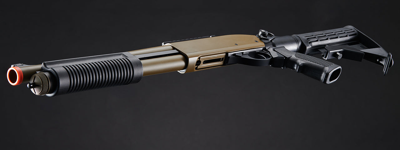 Golden Eagle M8871 3/6-Shot Pump Action CO2 Gas Airsoft Shotgun w/ Ghost Ring Iron Sights & M4 Crane Stock - (Tan)