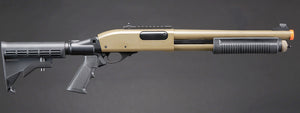 Golden Eagle M8871 3/6-Shot Pump Action Gas Airsoft Shotgun w/ Ghost Ring Iron Sights & M4 Crane Stock - (Tan)