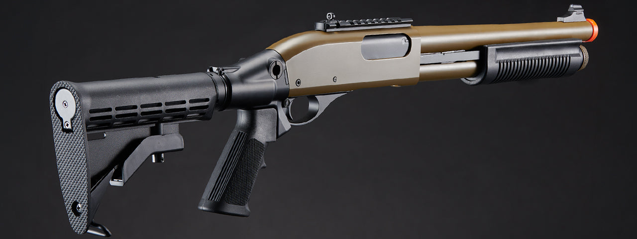 Golden Eagle M8871 3/6-Shot Pump Action Gas Airsoft Shotgun w/ Ghost Ring Iron Sights & M4 Crane Stock - (Tan)