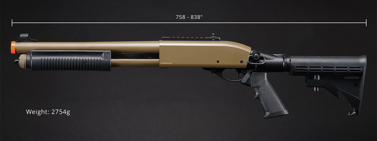 Golden Eagle M8871 3/6-Shot Pump Action Gas Airsoft Shotgun w/ Ghost Ring Iron Sights & M4 Crane Stock - (Tan)