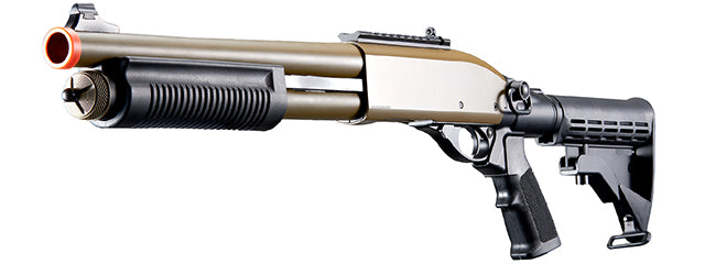 Golden Eagle M8871 3/6-Shot Pump Action Gas Airsoft Shotgun w/ Ghost Ring Iron Sights & M4 Crane Stock - (Tan)